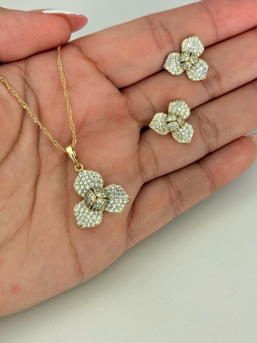 Gold Crystal Tri-Petal Necklace and Stud Earring Set